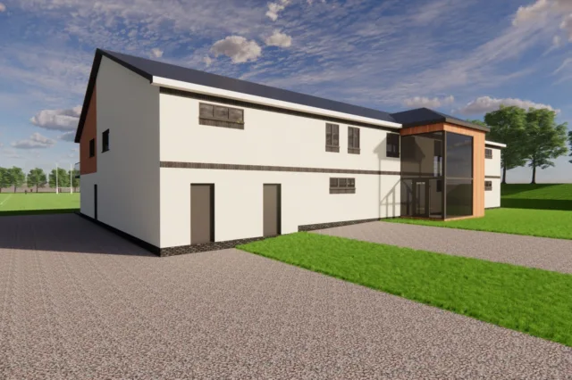 Proposed clubhouse showing the glazed entrance and approach path.