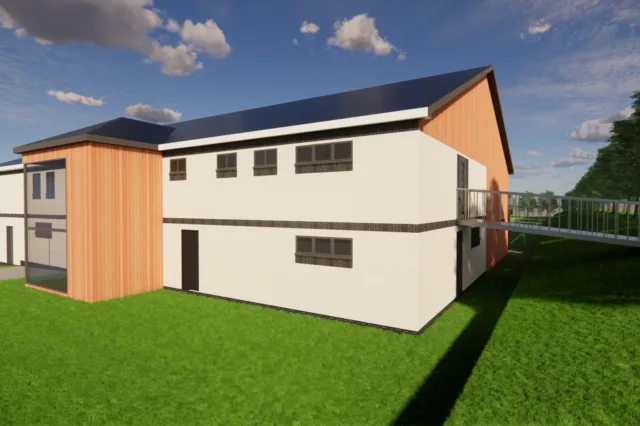 Proposed clubhouse showing the side elevation and raised access ramp.