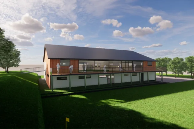 Proposed clubhouse viewed from the pitch, showing the first-floor balcony.