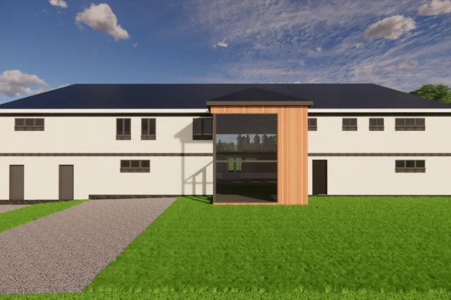 Proposed clubhouse entrance elevation with central glazed entrance.