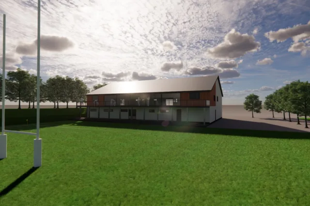 Wide view of the proposed clubhouse beyond the rugby posts.
